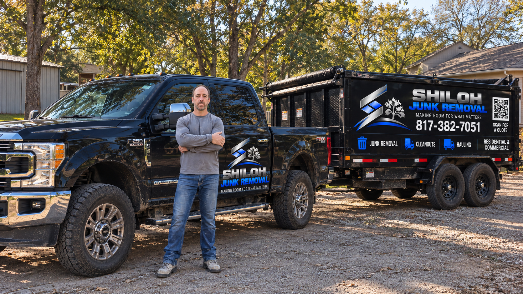 Shiloh Junk Removal truck and trailer ready for residential hauling in Texas