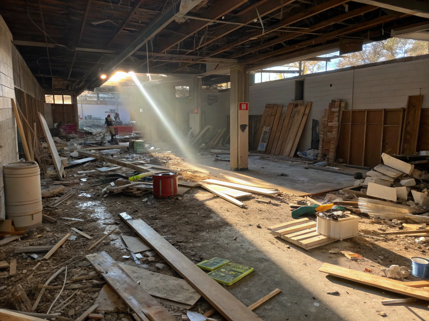 Interior drywall and timber demolition debris loaded for clearing