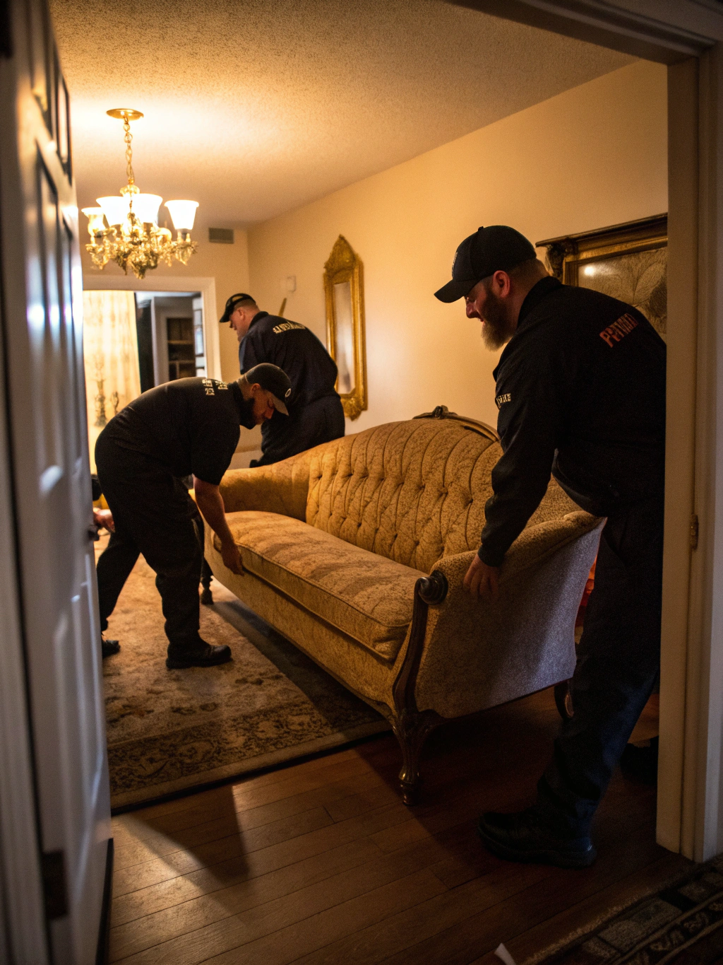 Two uniformed Shiloh Junk Removal team members carefully carrying a couch out of a home doorway
