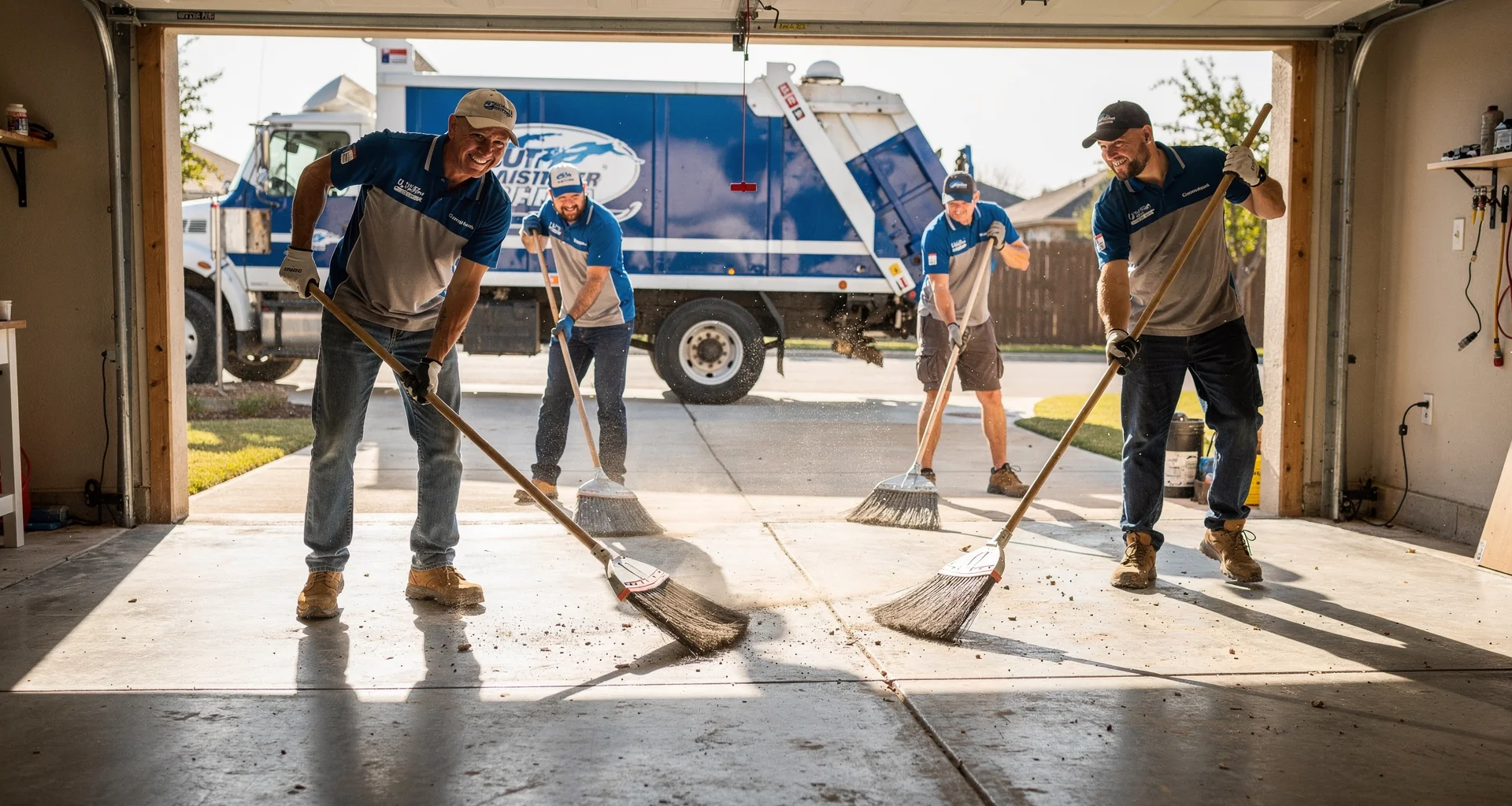 Clean garage floor swept clean after junk removal service in Weatherford Texas