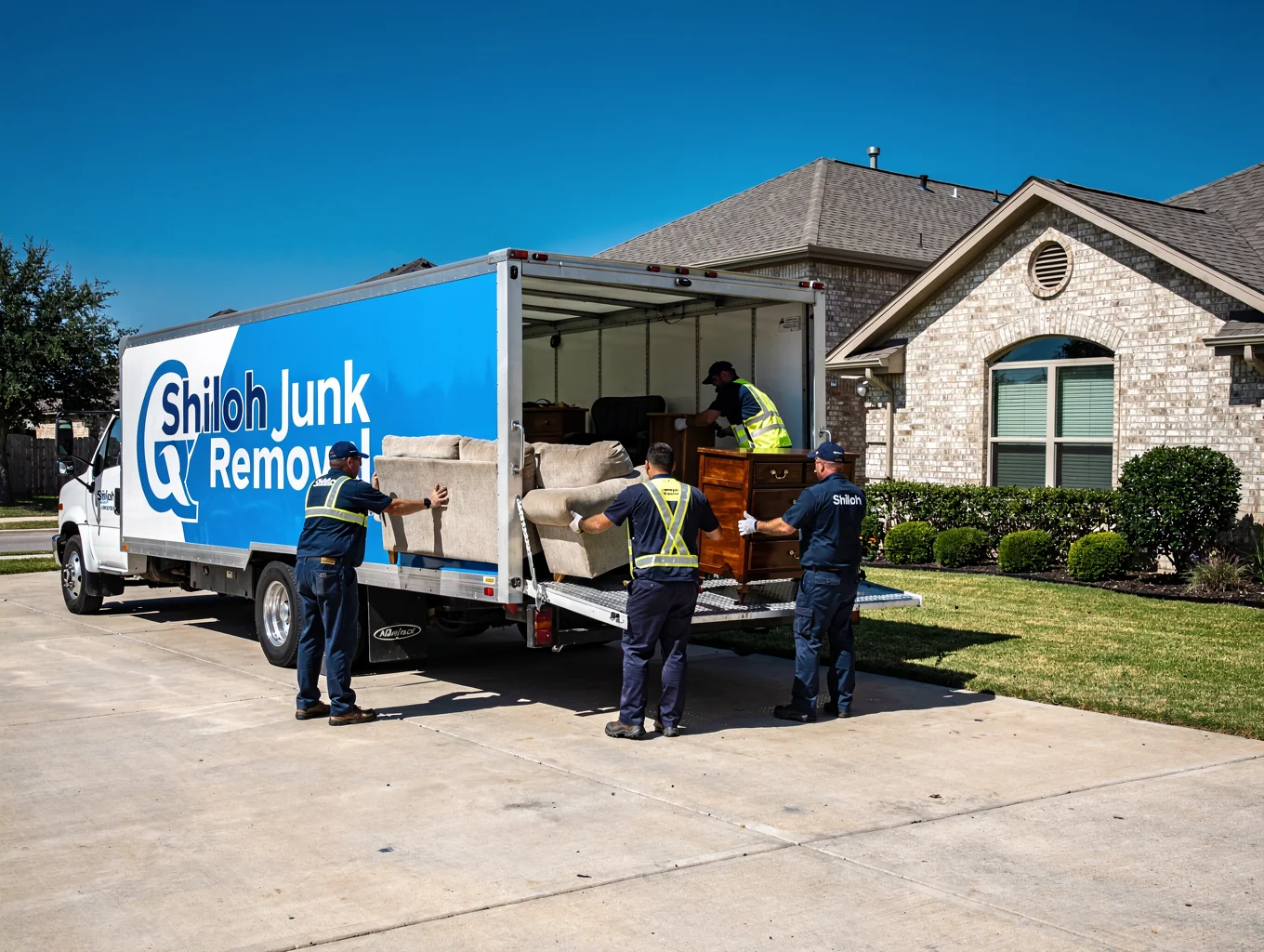 Shiloh Junk Removal team loading residential furniture into hauling trailer