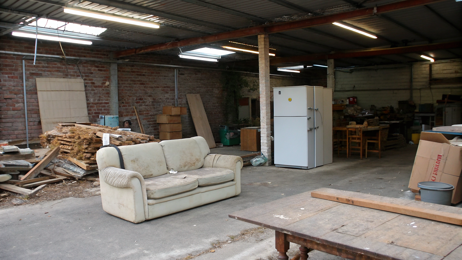Packed garage with accumulated household boxes, tools, and clutter blocking vehicle parking