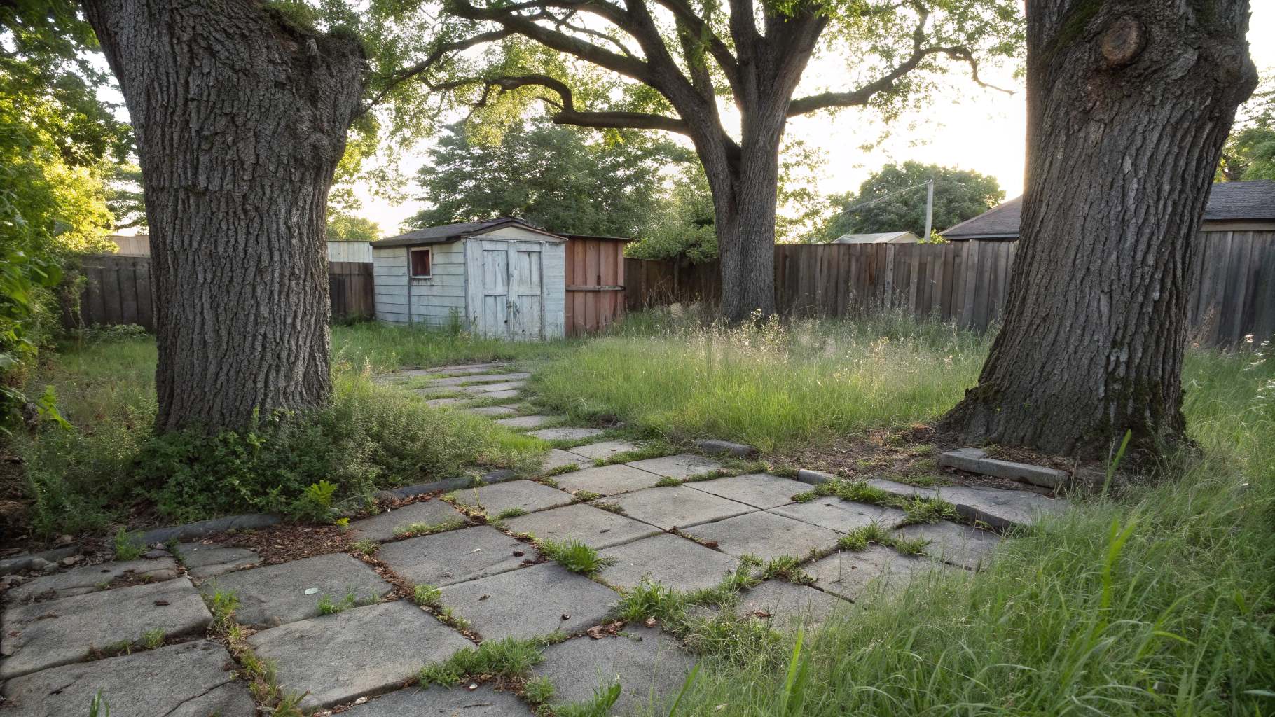 Old leaning wooden yard shed damaged by storms and weather in residential backyard