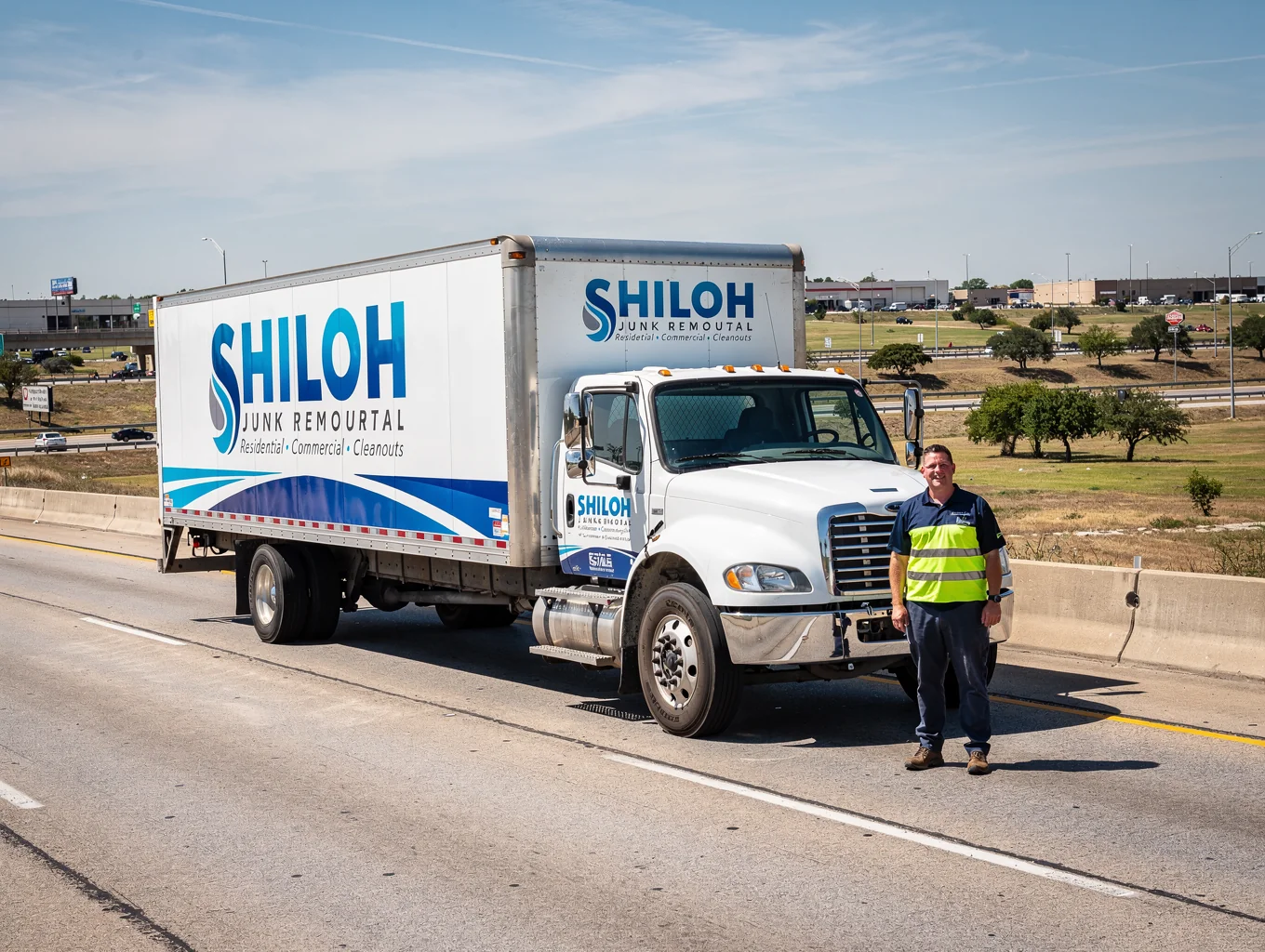 Shiloh Junk Removal truck traveling across DFW metroplex for commercial hauling