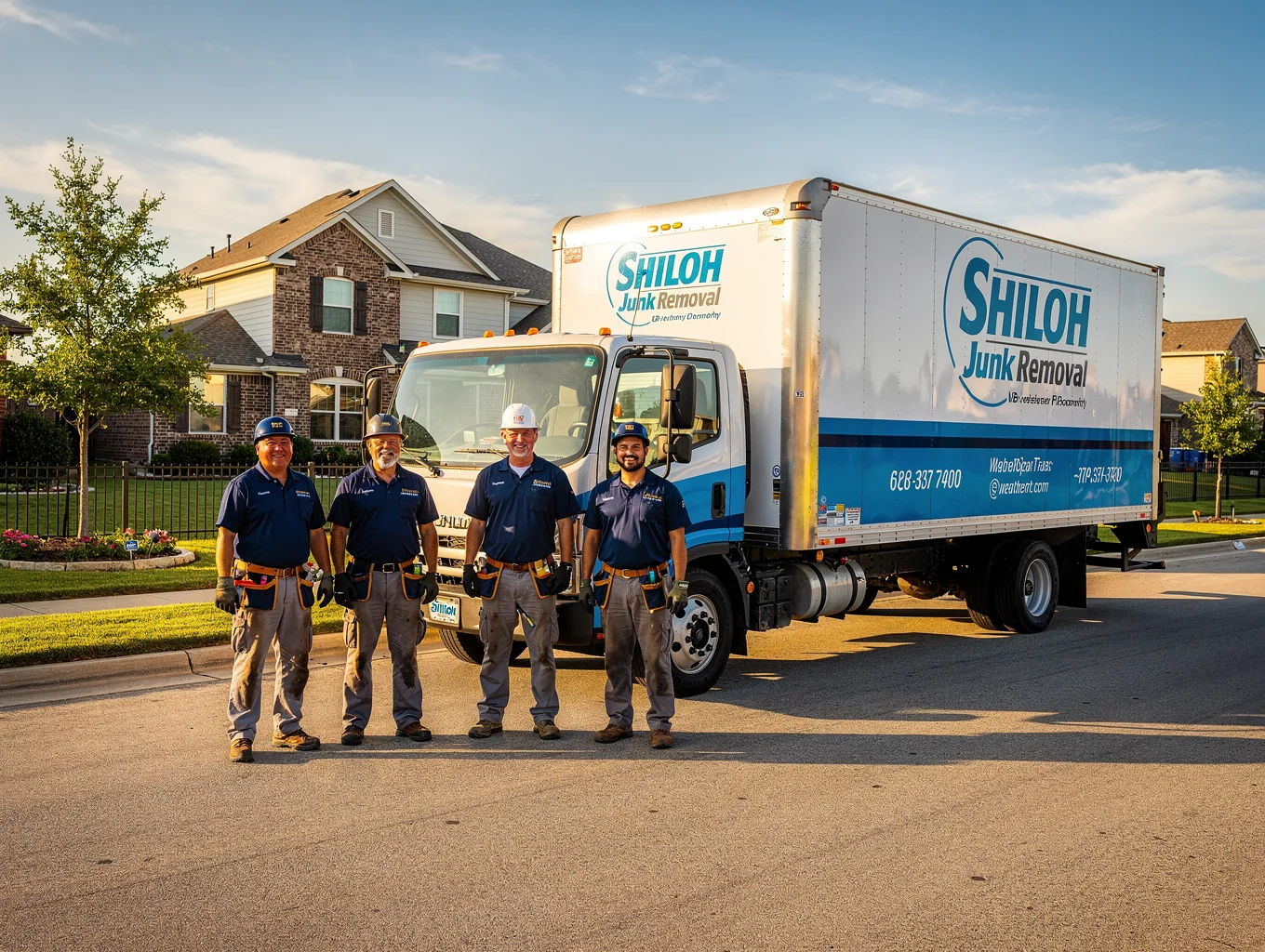 Shiloh Junk Removal team standing beside trailer in Weatherford Texas